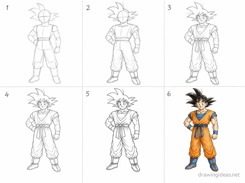 How to draw Goku step by step — 6-step Goku drawing tutorial grid