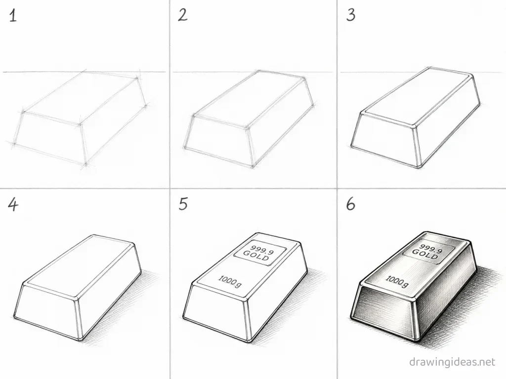 How to draw a gold bar step by step — 6-step gold bar drawing tutorial grid