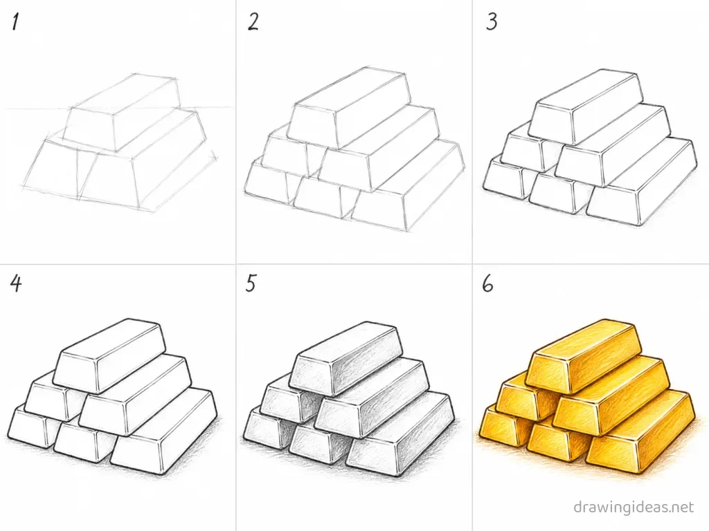 How to draw gold step by step — 6-step gold drawing tutorial grid