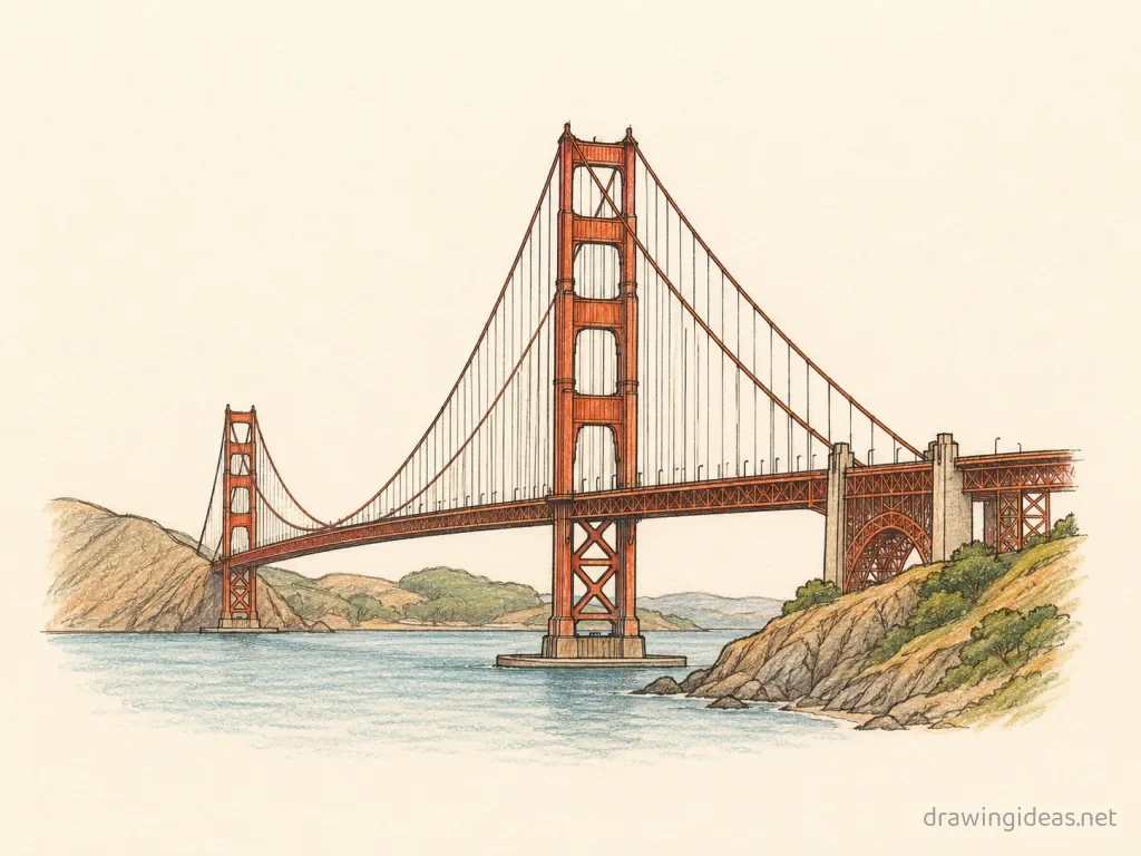 Golden Gate Bridge drawing — hand-drawn Golden Gate Bridge illustration with ink lines and soft colors