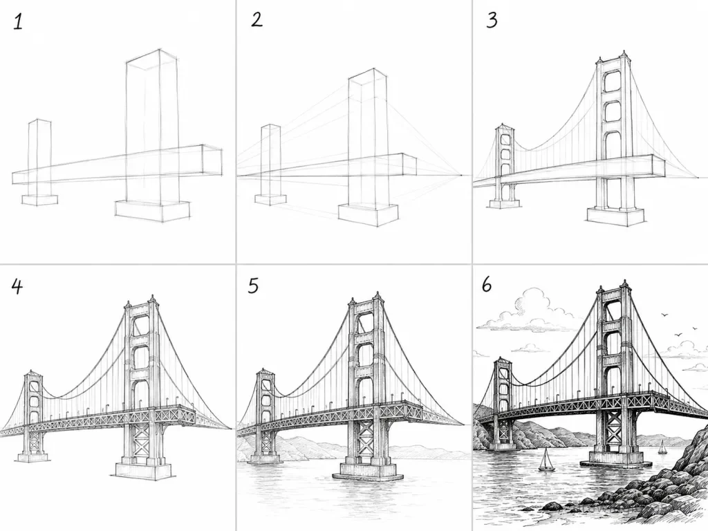 How to draw the Golden Gate Bridge step by step — 6-step Golden Gate Bridge drawing tutorial grid