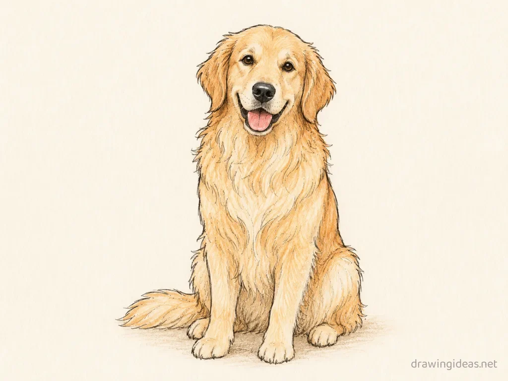 Golden Retriever drawing — hand-drawn golden retriever illustration with ink lines and soft colors