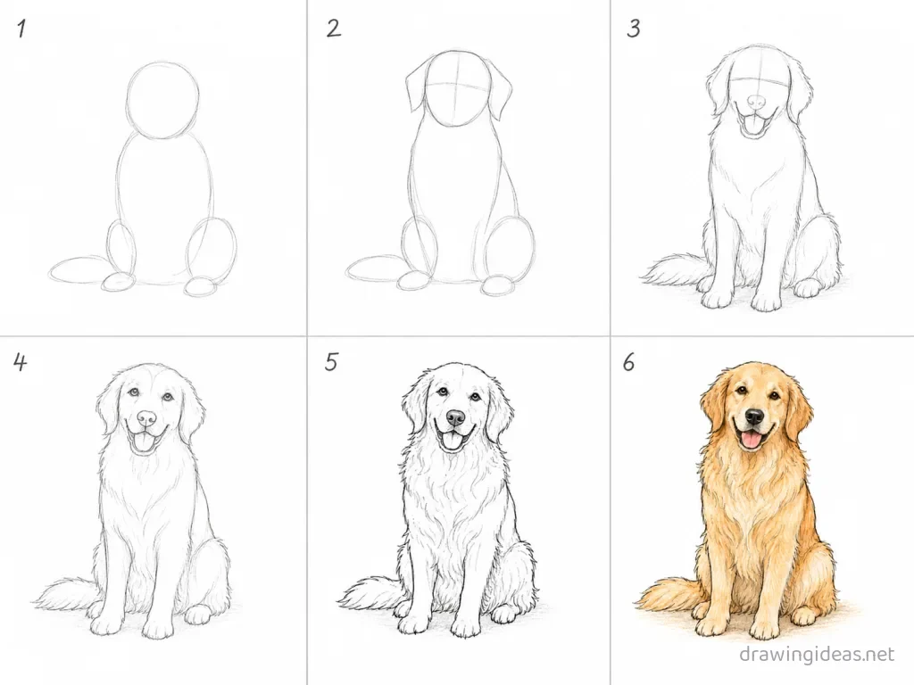 How to draw a golden retriever step by step — 6-step golden retriever drawing tutorial grid