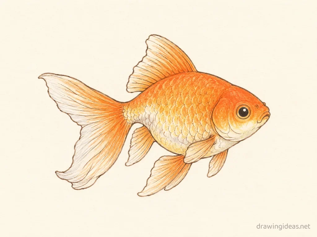 Goldfish drawing — hand-drawn goldfish illustration with ink lines and soft colors