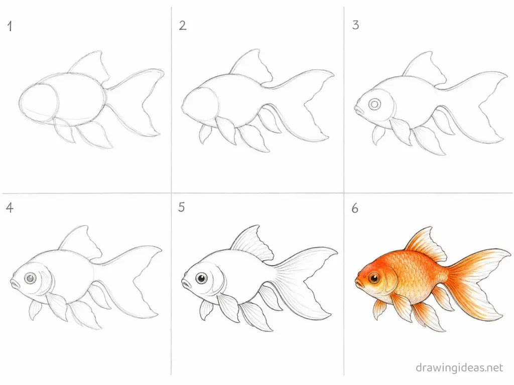 How to draw a goldfish step by step — 6-step goldfish drawing tutorial grid