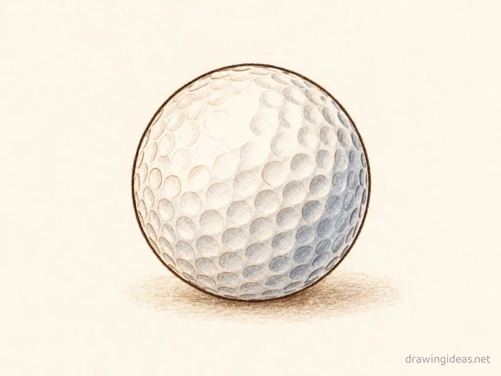Golf Ball drawing — hand-drawn golf ball illustration with ink lines and soft colors