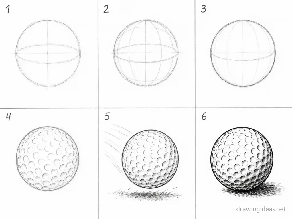 How to draw a golf ball step by step — 6-step golf ball drawing tutorial grid