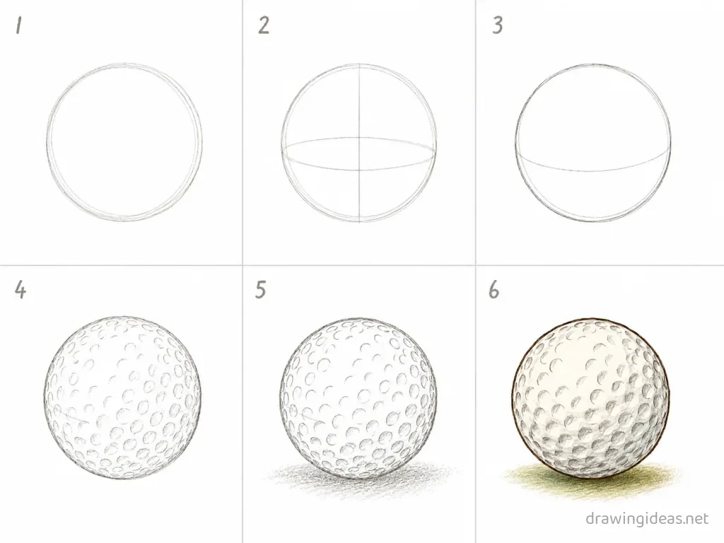 How to draw a golf step by step — 6-step golf drawing tutorial grid