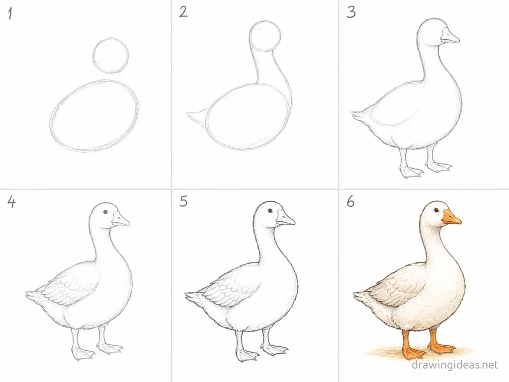 How to draw a goose step by step — 6-step goose drawing tutorial grid