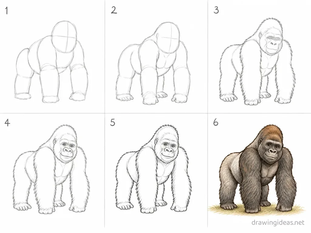 How to draw a gorilla step by step — 6-step gorilla drawing tutorial grid