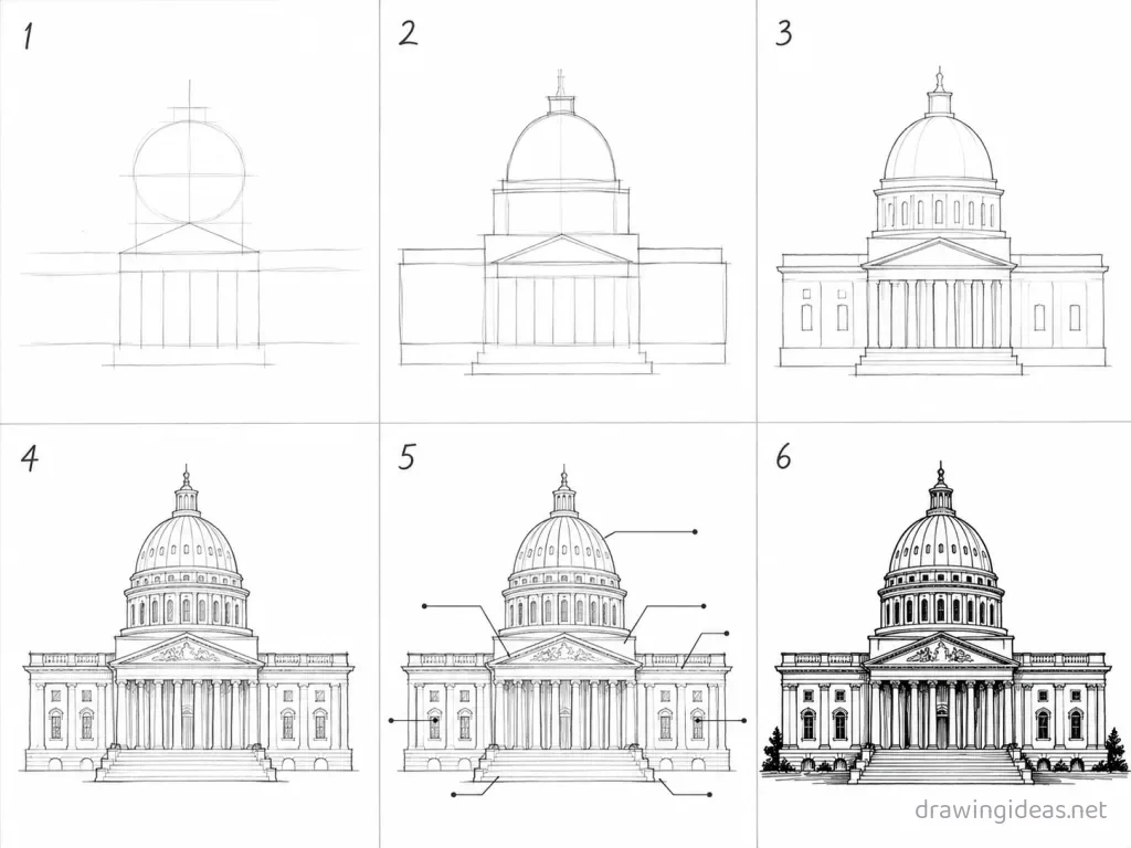How to draw a government step by step — 6-step government drawing tutorial grid