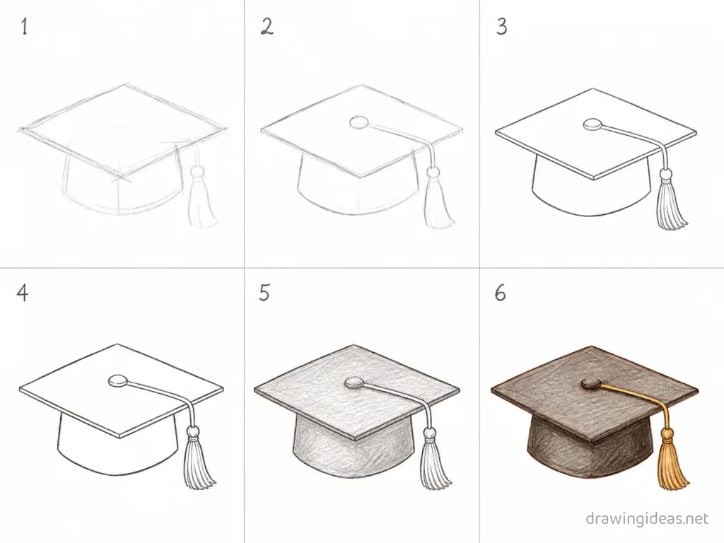 How to draw a graduation cap step by step — 6-step graduation cap drawing tutorial grid