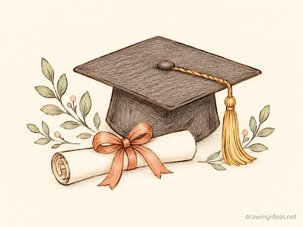 Graduation drawing — hand-drawn graduation illustration with ink lines and soft colors