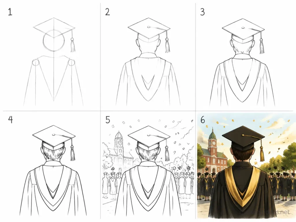 How to draw graduation step by step — 6-step graduation drawing tutorial grid