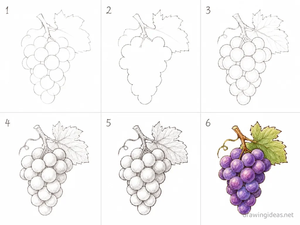 How to draw a grape step by step — 6-step grape drawing tutorial grid