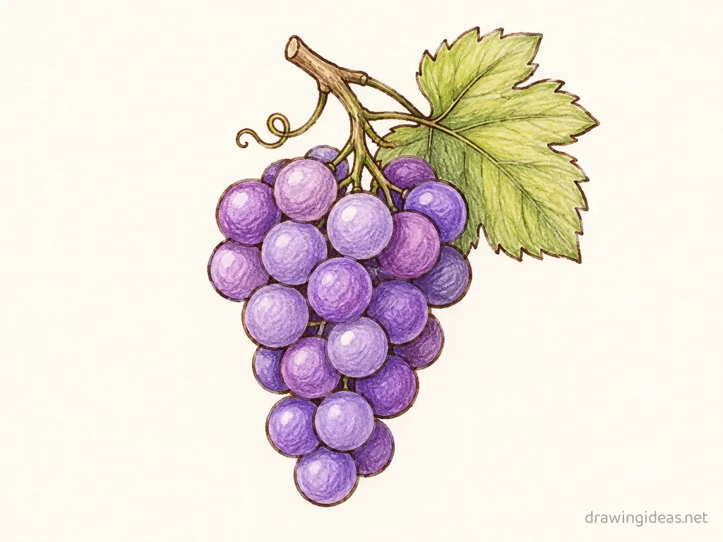 Grapes drawing — hand-drawn grapes illustration with ink lines and soft colors
