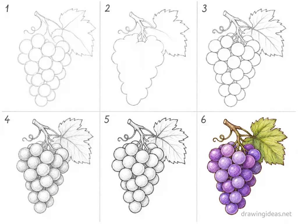 How to draw grapes step by step — 6-step grapes drawing tutorial grid