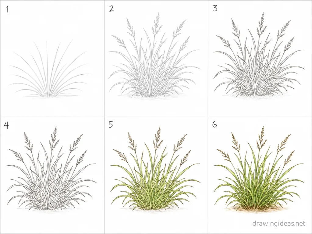 How to draw grass step by step — 6-step grass drawing tutorial grid