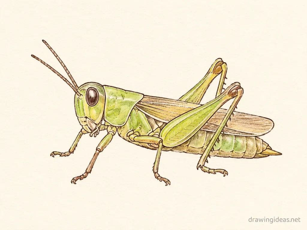 Grasshopper drawing — hand-drawn grasshopper illustration with ink lines and soft colors