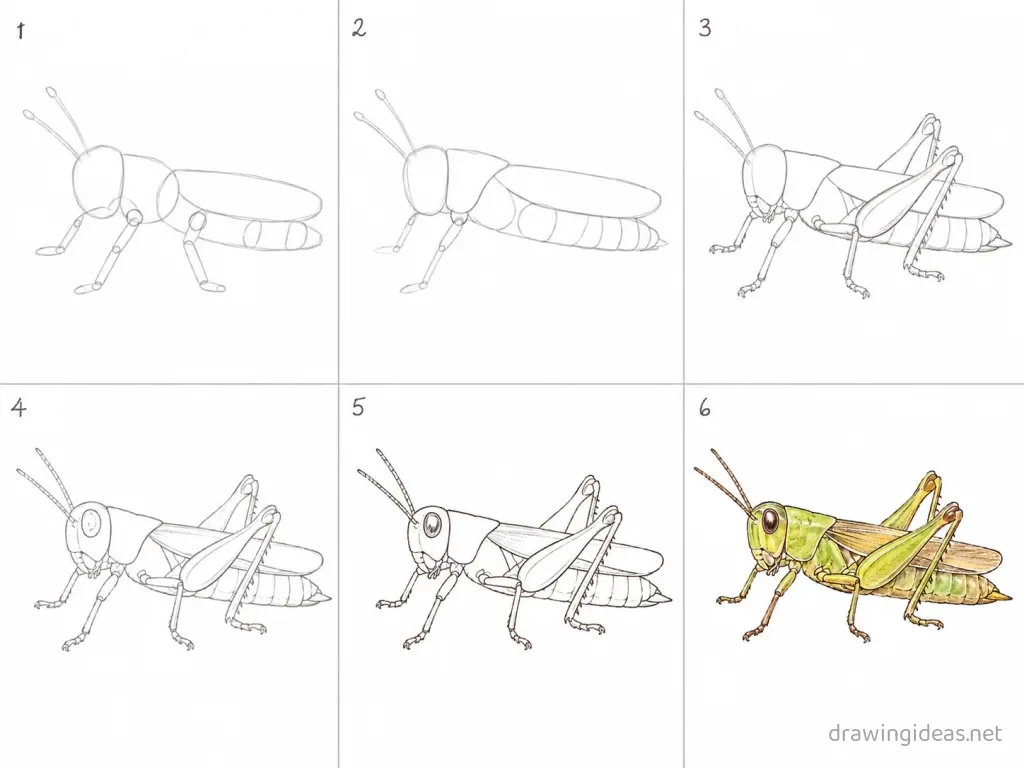 How to draw a grasshopper step by step — 6-step grasshopper drawing tutorial grid