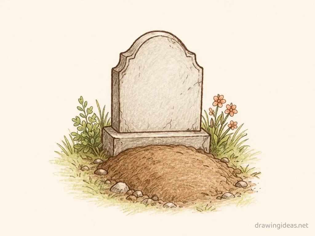 Grave drawing — hand-drawn grave illustration with ink lines and soft colors