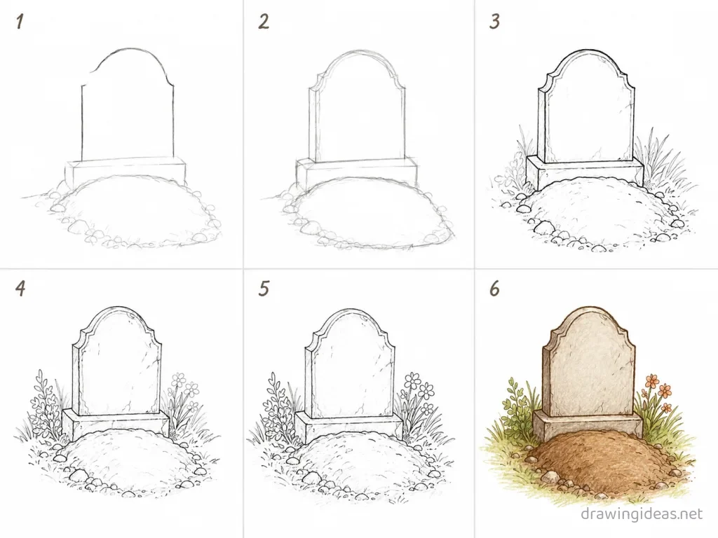 How to draw a grave step by step — 6-step grave drawing tutorial grid