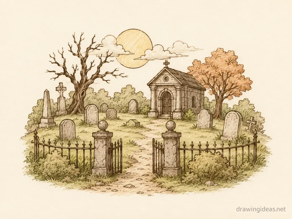 Graveyard drawing — hand-drawn graveyard illustration with ink lines and soft colors
