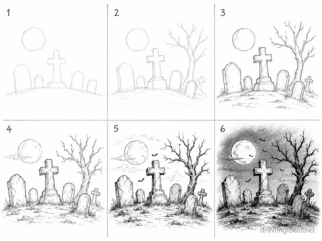 How to draw a graveyard step by step — 6-step graveyard drawing tutorial grid