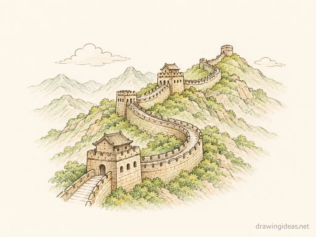 Great Wall of China drawing — hand-drawn Great Wall of China illustration with ink lines and soft colors