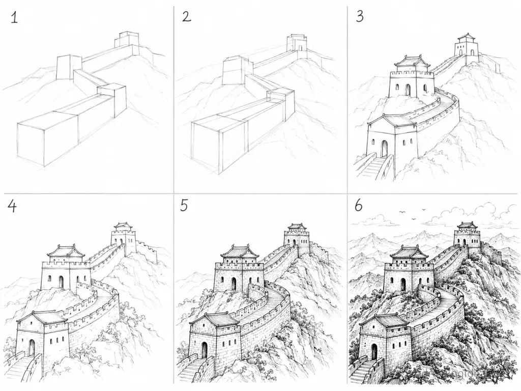 How to draw the Great Wall of China step by step — 6-step Great Wall of China drawing tutorial grid
