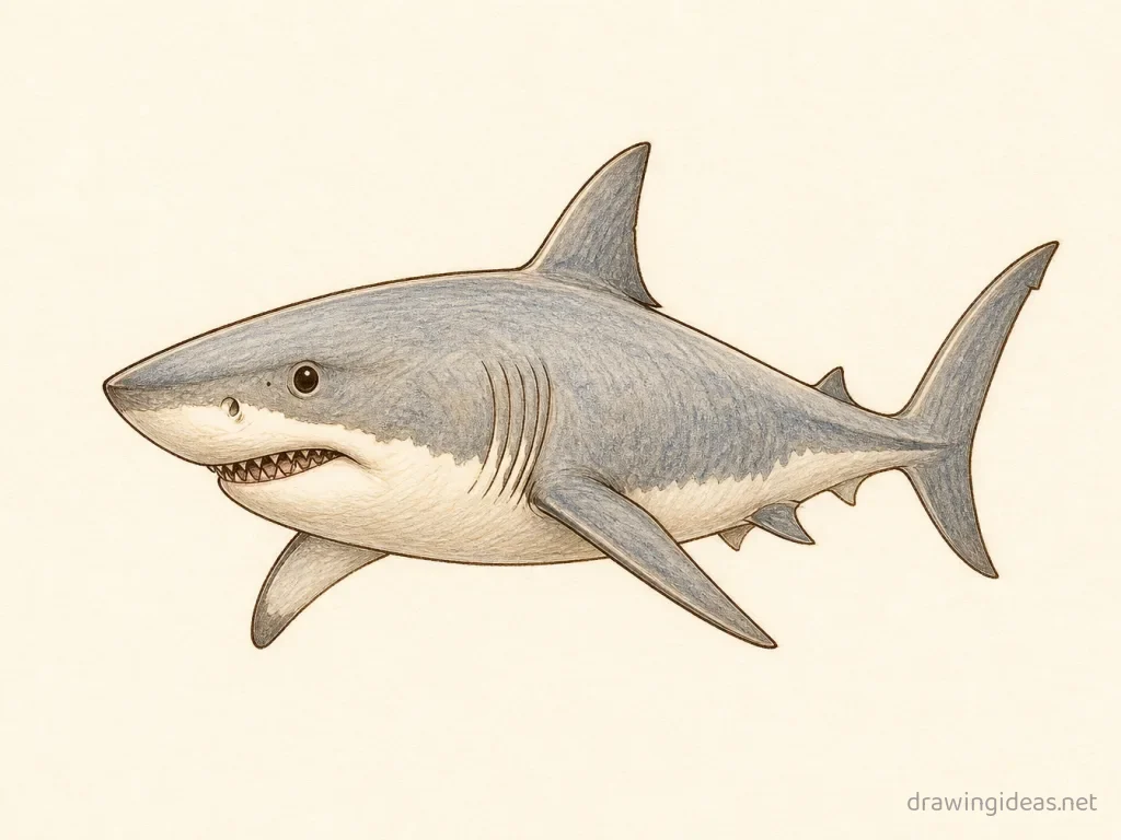 Great White Shark drawing — hand-drawn great white shark illustration with ink lines and soft colors