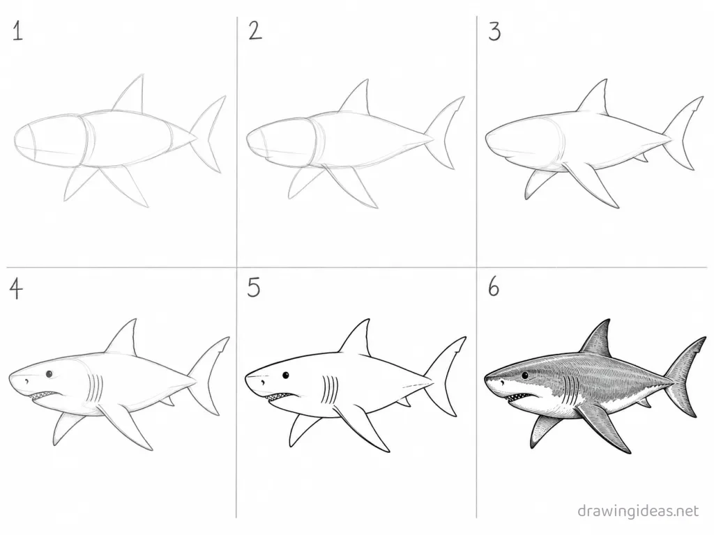 How to draw a great white shark step by step — 6-step great white shark drawing tutorial grid