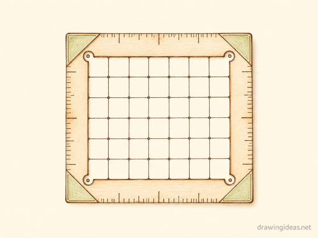 Grid Tool drawing — hand-drawn grid tool illustration with ink lines and soft colors