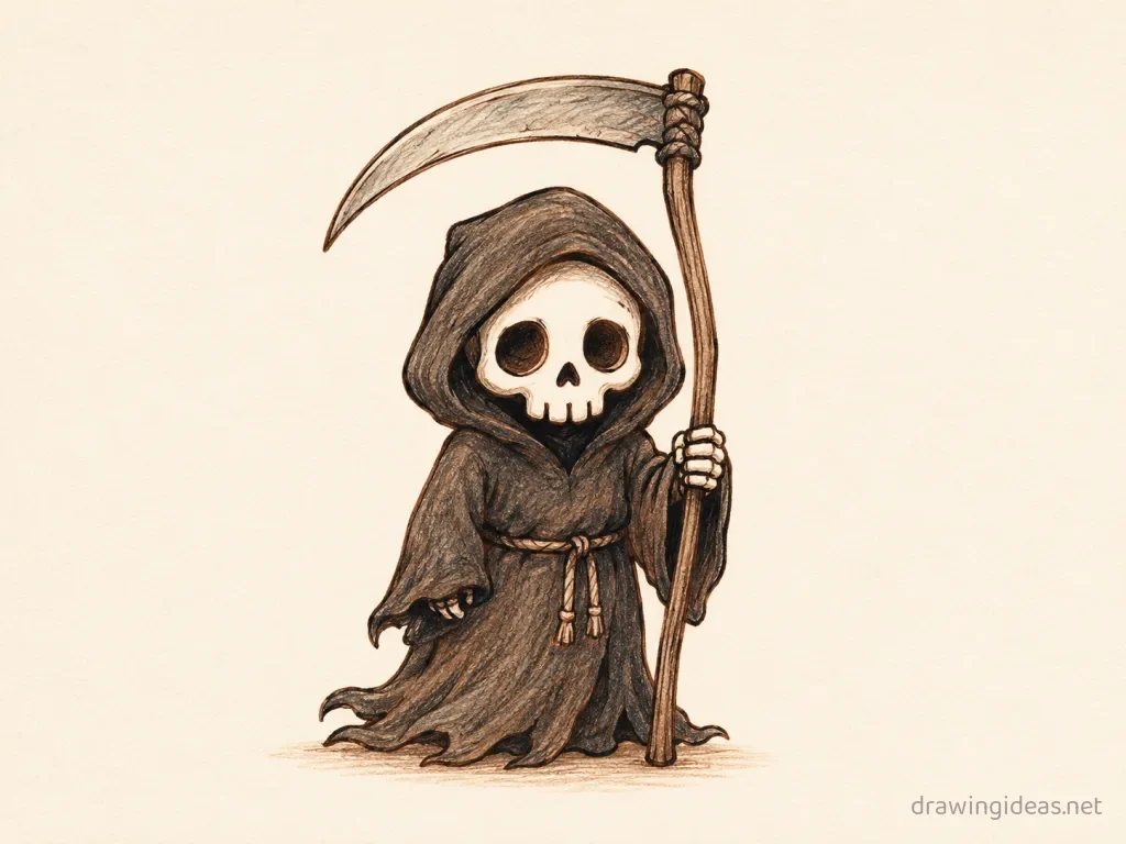 Grim Reaper drawing — hand-drawn Grim Reaper illustration with ink lines and soft colors