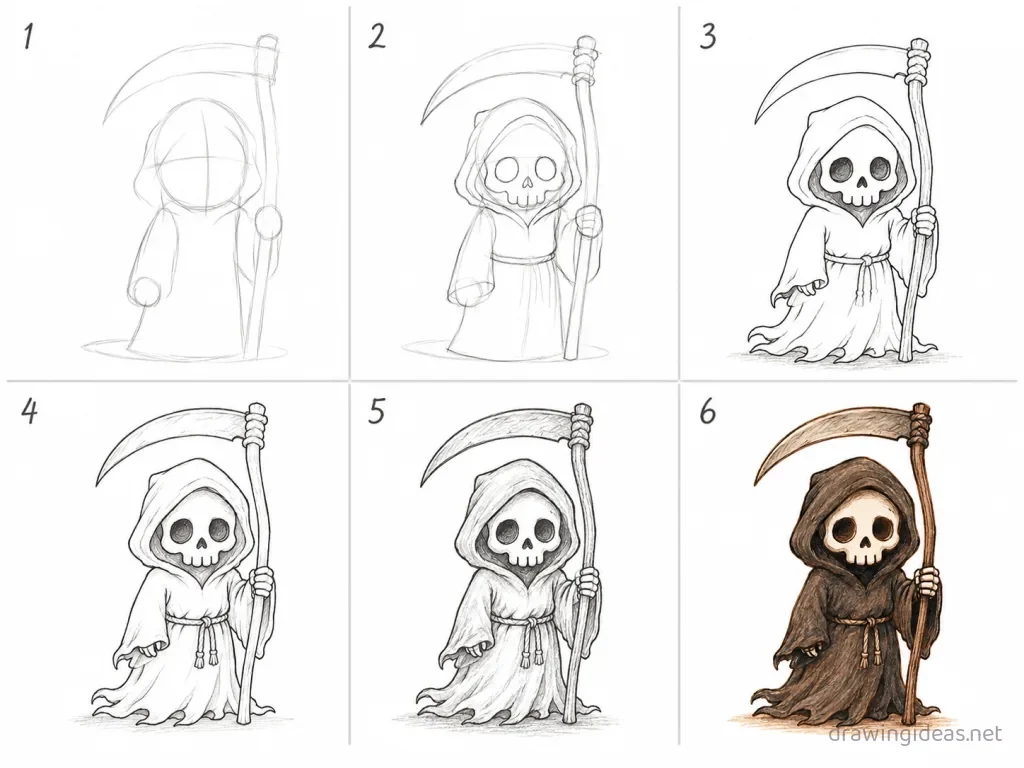 How to draw the Grim Reaper step by step — 6-step Grim Reaper drawing tutorial grid