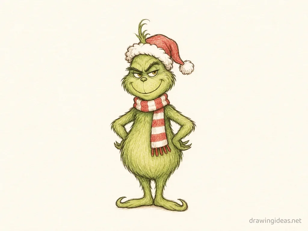 Grinch drawing — hand-drawn Grinch illustration with ink lines and soft colors