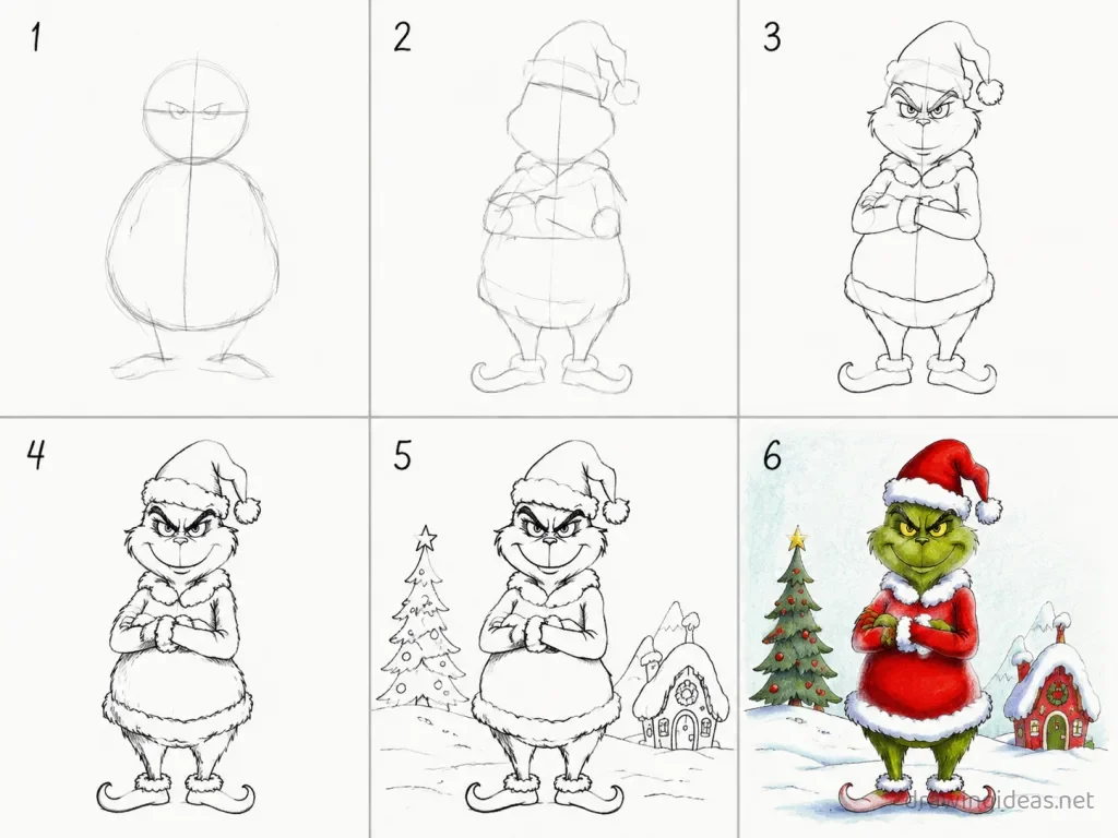 How to draw the Grinch step by step — 6-step Grinch drawing tutorial grid
