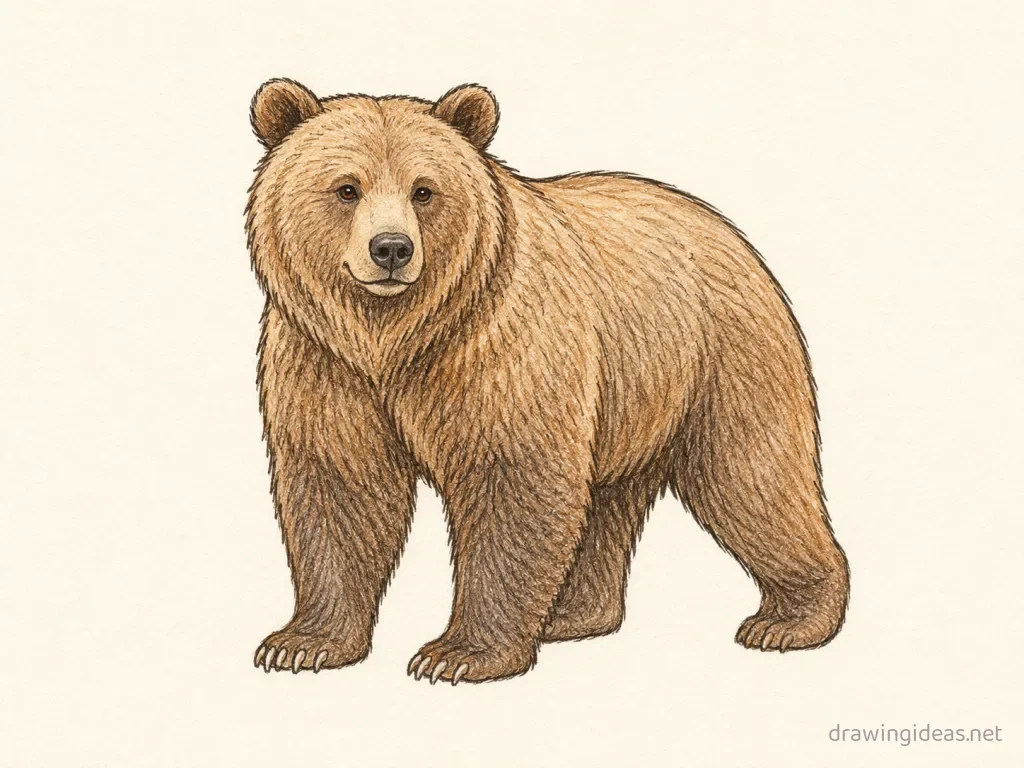 Grizzly Bear drawing — hand-drawn grizzly bear illustration with ink lines and soft colors