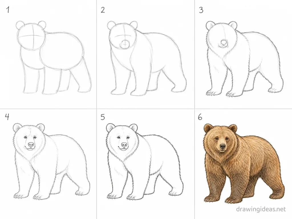 How to draw a grizzly bear step by step — 6-step grizzly bear drawing tutorial grid