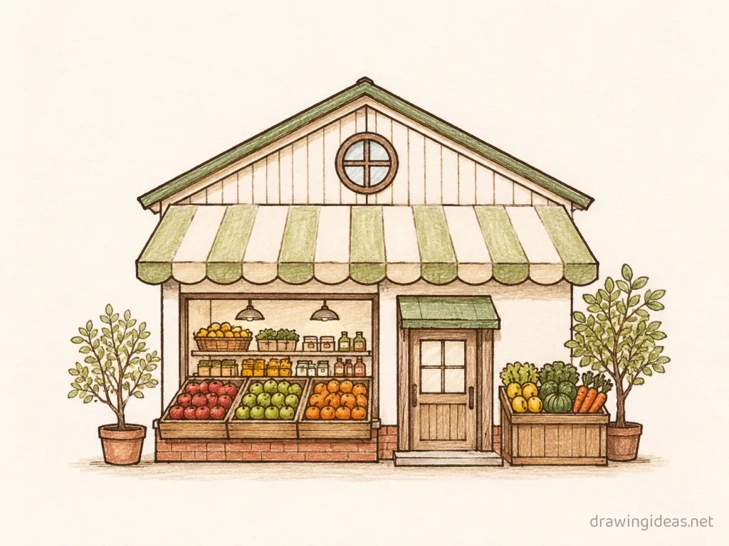 Grocery Store drawing — hand-drawn grocery store illustration with ink lines and soft colors