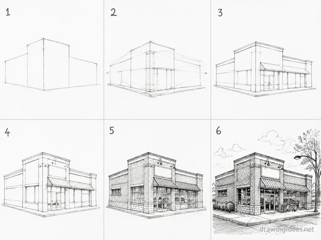 How to draw a grocery store step by step — 6-step grocery store drawing tutorial grid