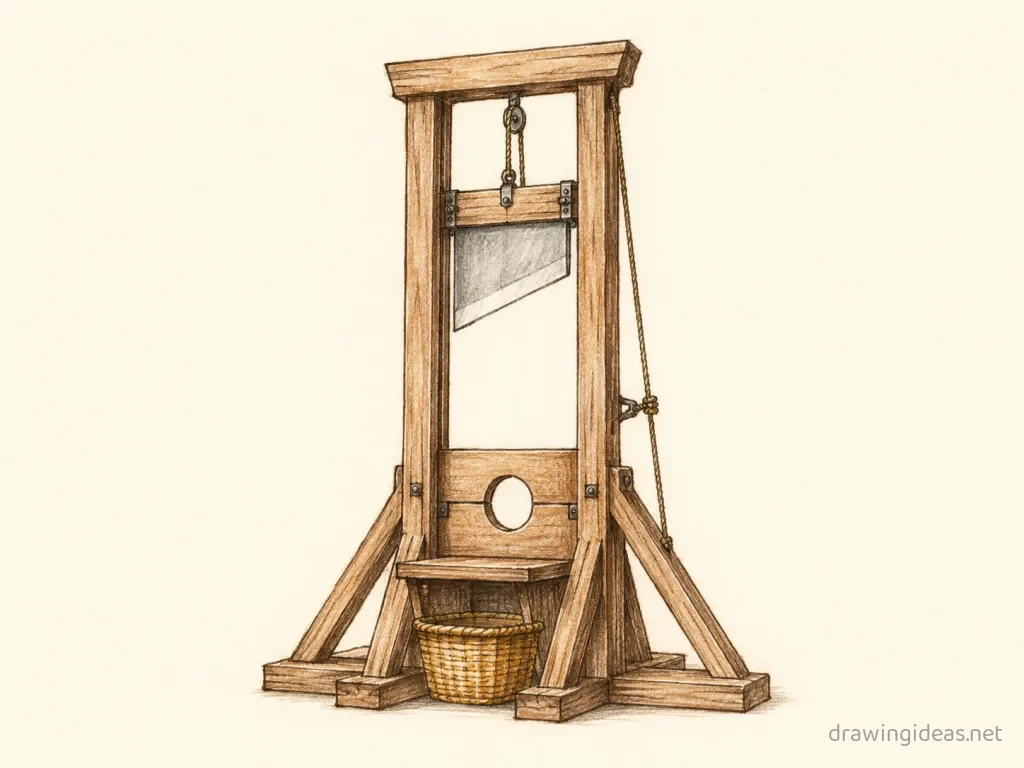 Guillotine drawing — hand-drawn guillotine illustration with ink lines and soft colors