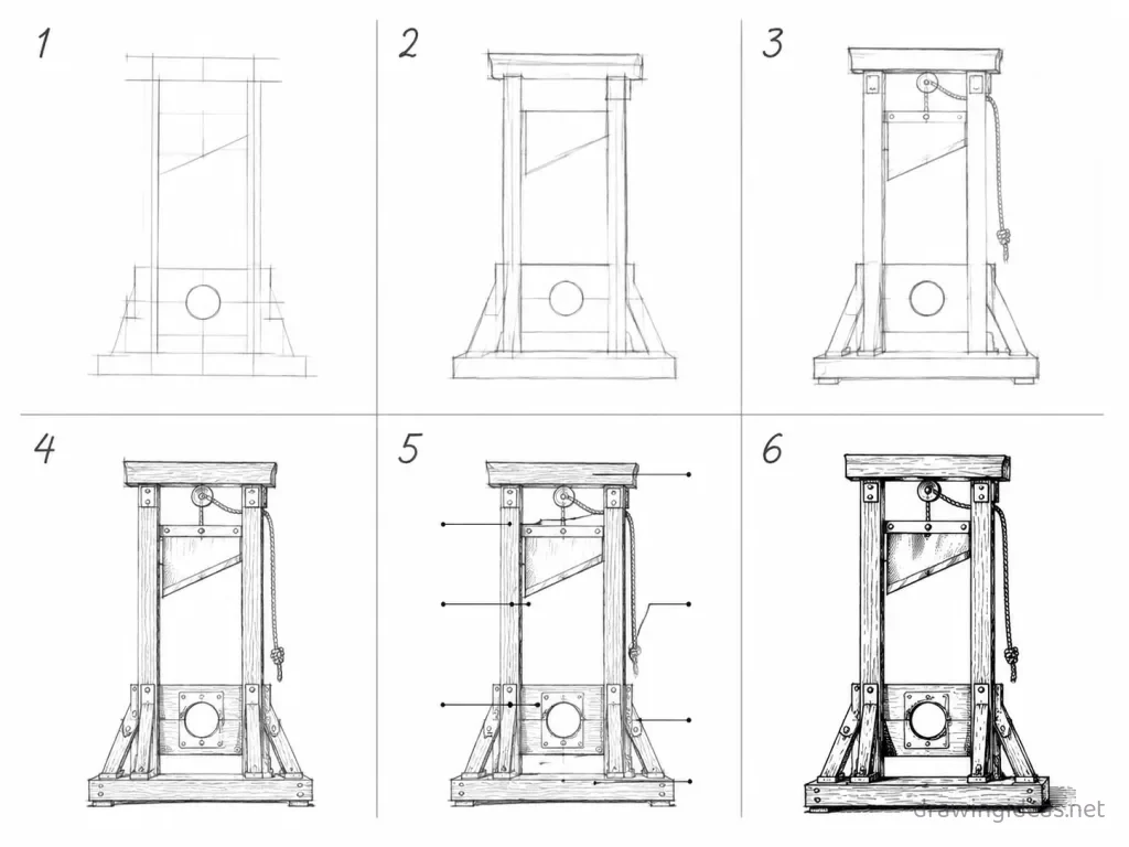 How to draw a guillotine step by step — 6-step guillotine drawing tutorial grid