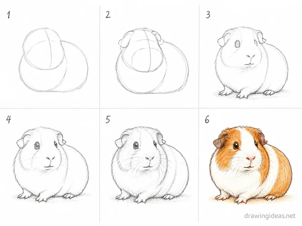 How to draw a guinea pig step by step — 6-step guinea pig drawing tutorial grid