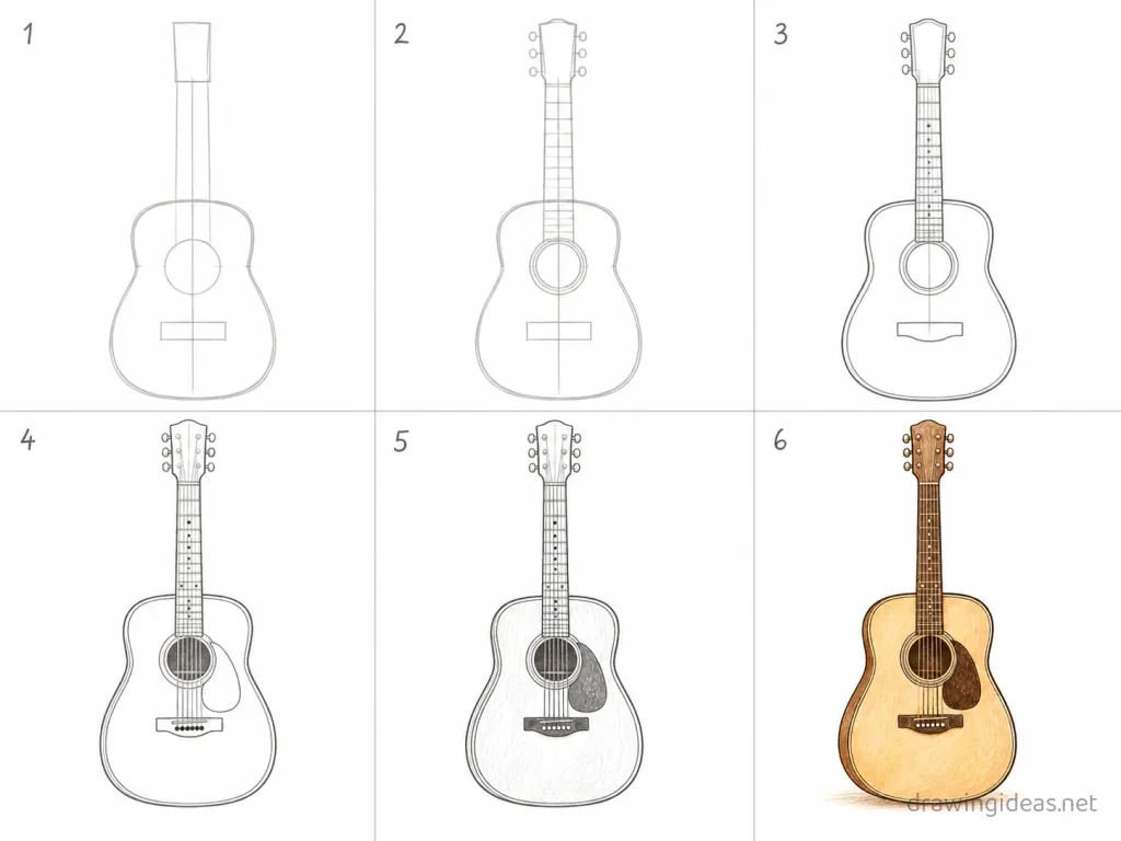 How to draw a guitar step by step — 6-step guitar drawing tutorial grid
