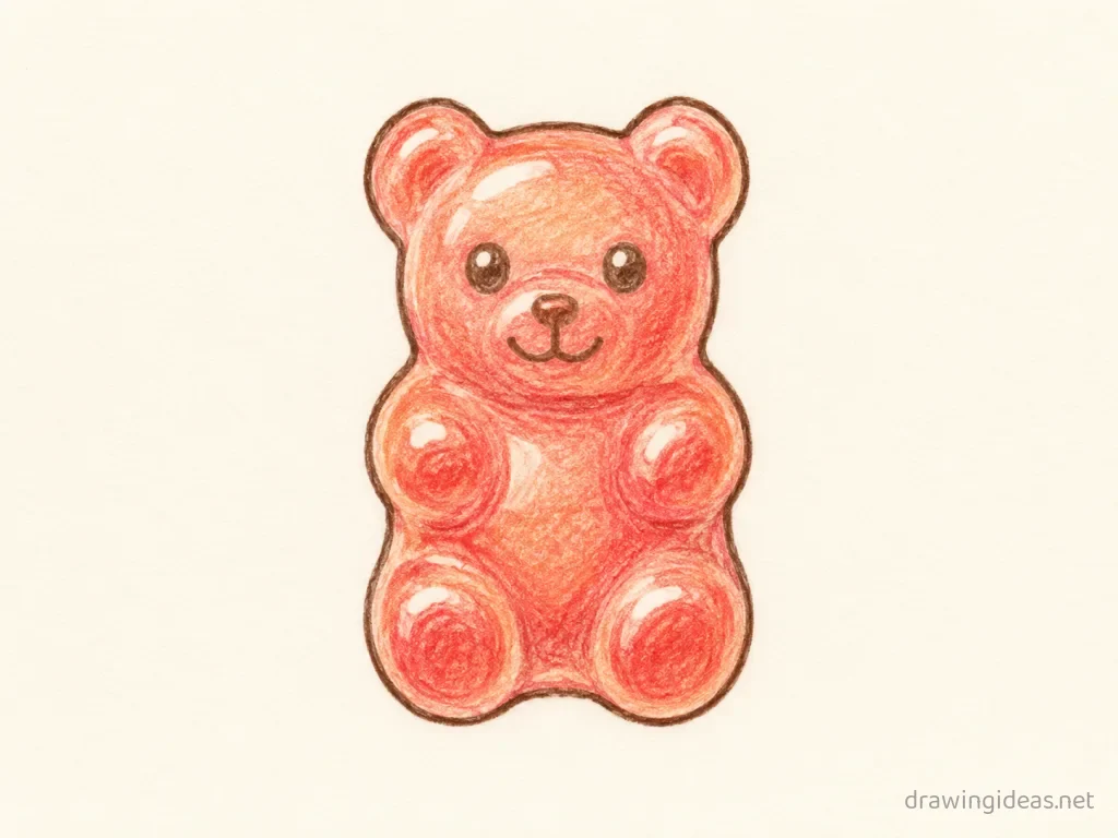 Gummy Bear drawing — hand-drawn gummy bear illustration with ink lines and soft colors