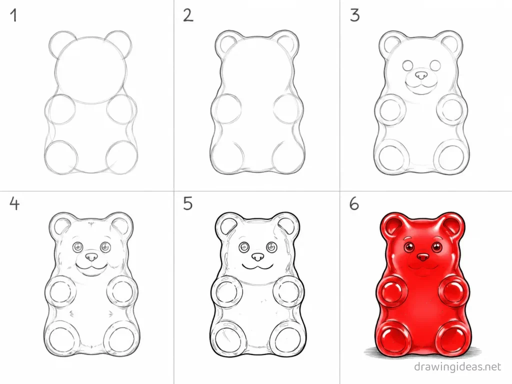 How to draw a gummy bear step by step — 6-step gummy bear drawing tutorial grid