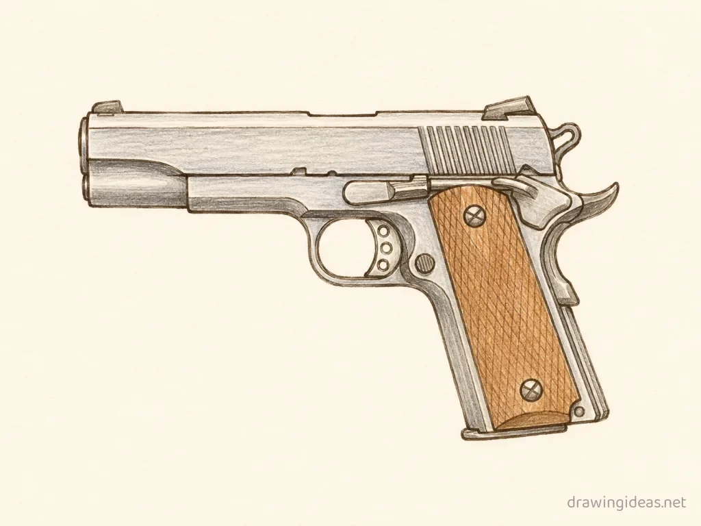 Gun drawing — hand-drawn gun illustration with ink lines and soft colors