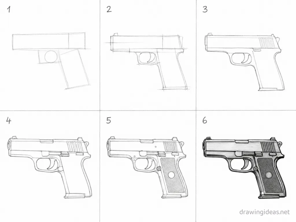 How to draw a gun step by step — 6-step gun drawing tutorial grid