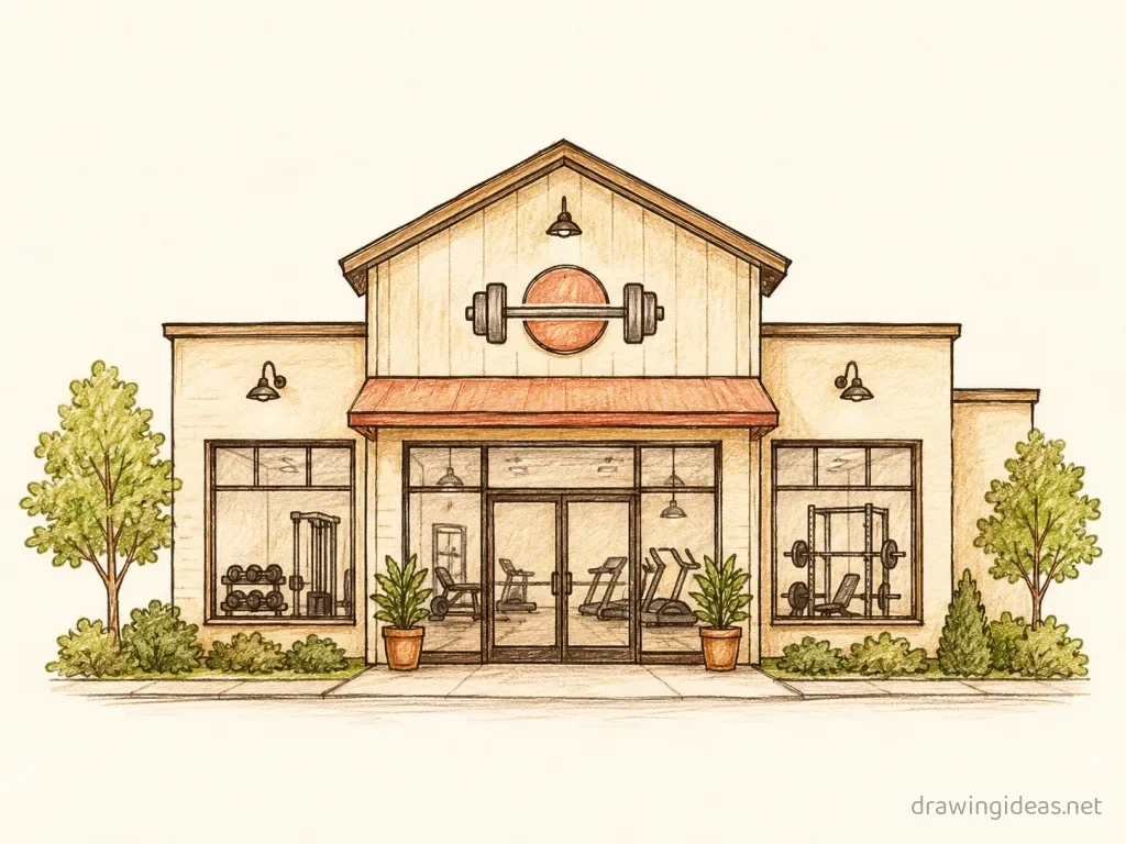 Gym drawing — hand-drawn gym illustration with ink lines and soft colors